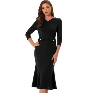 Bodycon Fishtail Dress 3/4 Sleeve Midi Formal Work Dresses Black